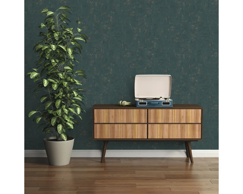 Woonkamer met plant, dressoir en platenspeler