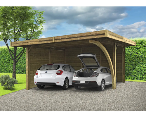 Houten dubbele carport met twee auto''s