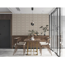 Eetkamer met eettafel, stoelen, dressoir en wandbekleding