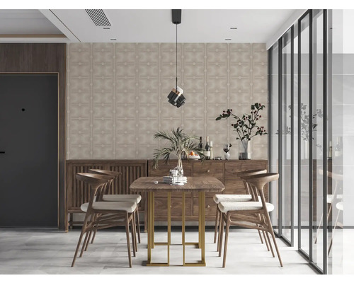 Eetkamer met eettafel, stoelen, dressoir en wandbekleding