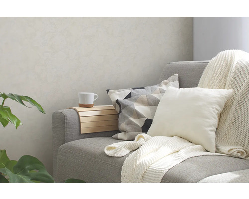 Woonkamer met grijze bank, kussens en houten tafel