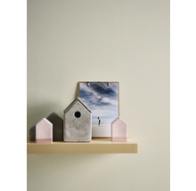 Decoratieve huisobjecten en een afbeelding op een houten plank