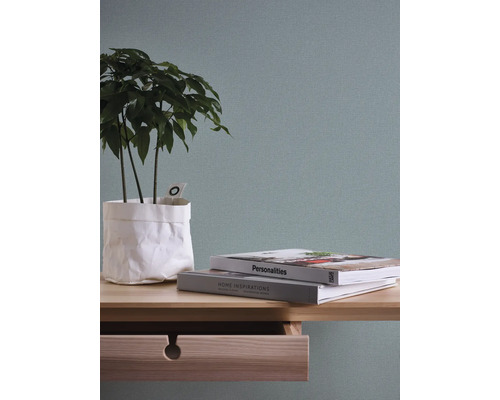 Decoratieve kamerplant in papieren zak op een houten tafel met lade, met boeken erop.