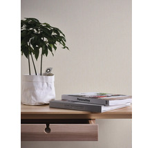 Close-up van een muur met behang, een houten tafel met lade, een kamerplant in een witte houder en twee boeken