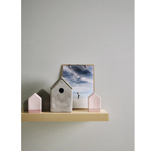 Decoratieve huizen van beton en hout op een plank met een foto op de achtergrond.