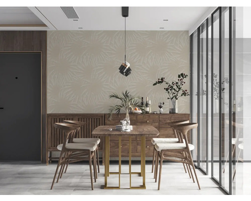 Eetkamer met eettafel, stoelen, dressoir en behang met print