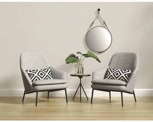 Twee grijze fauteuils met kussens, een ronde spiegel en een bijzettafel met een plant in een lichte ruimte.