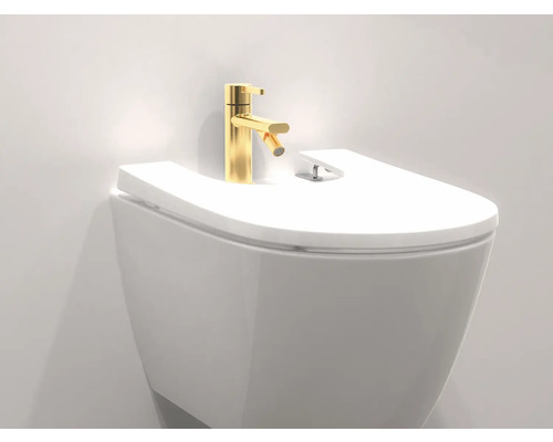 Wandhangend bidet met gouden kraan