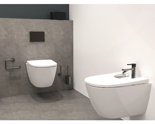 Moderne badkamer met wandcloset en bidet, kraan en bijpassende accessoires.