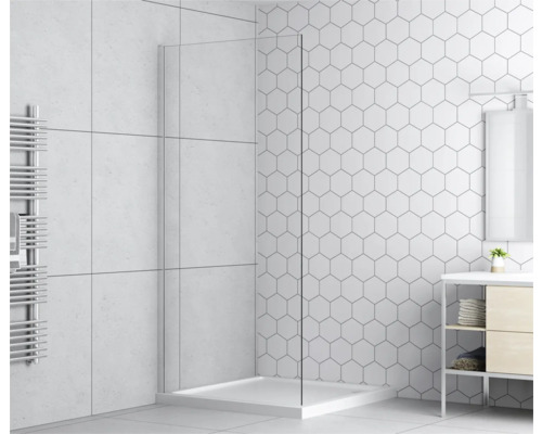 Badkamer met douchecabine, wastafelonderkast en handdoekradiator