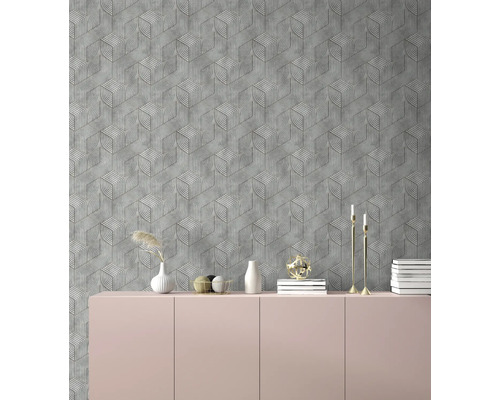 Woonkamer met grijs geometrisch behang en roze dressoir