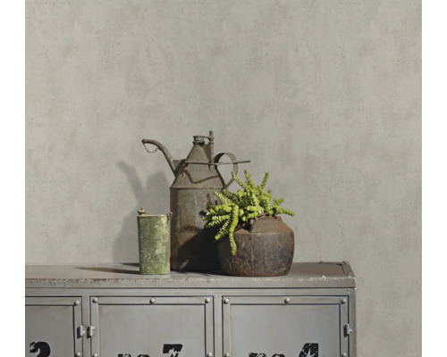 Decoratieve scène met vintage kan, plant en metalen kast