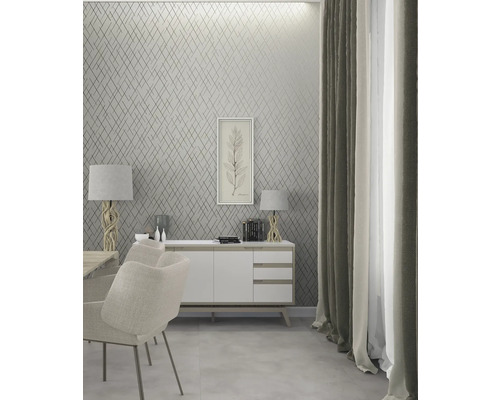 Moderne eetkamer met dressoir, lampen en geometrisch behang