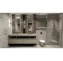 Moderne badkamer met wastafel, spiegels, toilet en douche, met gebruik van grijze keramische tegels.