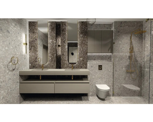 Moderne badkamer met wastafel, spiegels, toilet en douche, met gebruik van grijze keramische tegels.