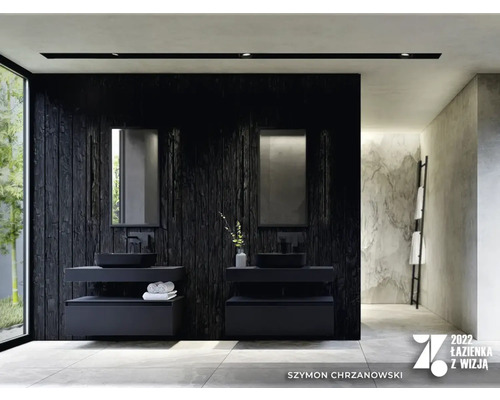 Badkamer met twee wastafels, spiegels en donkere houten lambrisering