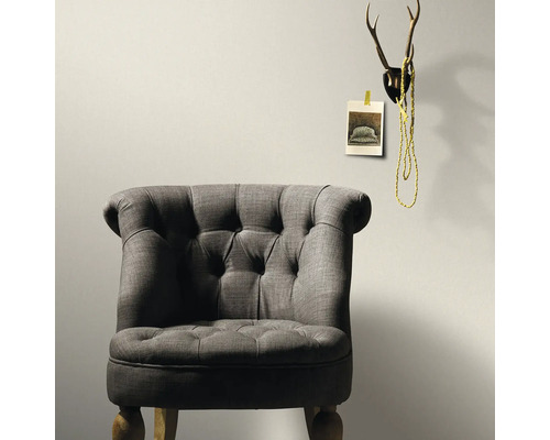 Grijze fauteuil met knopen en hertengewei als wanddecoratie