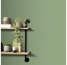 Kamer met groen behang en plank met decoratie