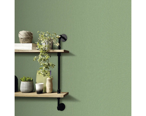 Kamer met groen behang en plank met decoratie