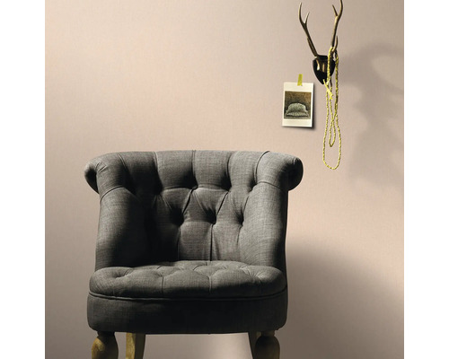 Grijze fauteuil in de woonkamer met gewei-decoratie aan de muur