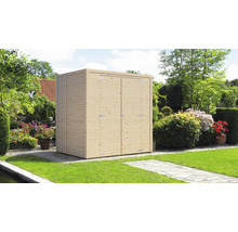 Houten tuinkast met dubbele deur in de tuin