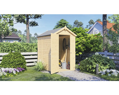 Houten tuinhuis met open deur in de tuin