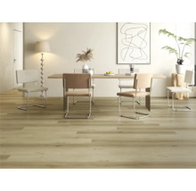 Lichte eetkamer met houten tafel en stoelen op houten vloer