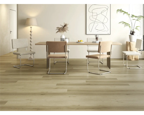 Lichte eetkamer met houten tafel en stoelen op houten vloer