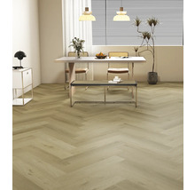 Interieur met visgraat vinylvloer, eettafel en zitbank