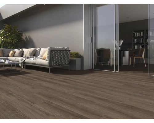 Terras met donkere houten vloer, bank en uitzicht op een kamer met een boekenkast