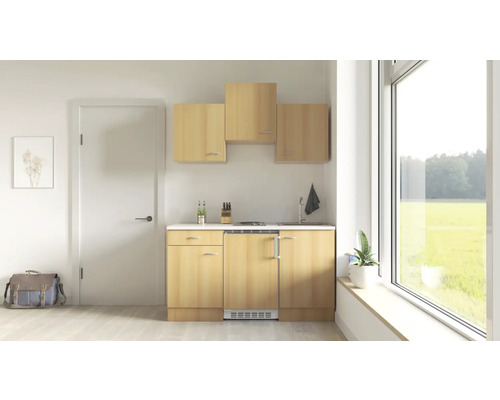 FLEX WELL Minikeuken met apparatuur Nano beuken-decor mat 150,5x60 cm Keukenblok met wasbak, kookplaat en bovenkasten in een lichte woning