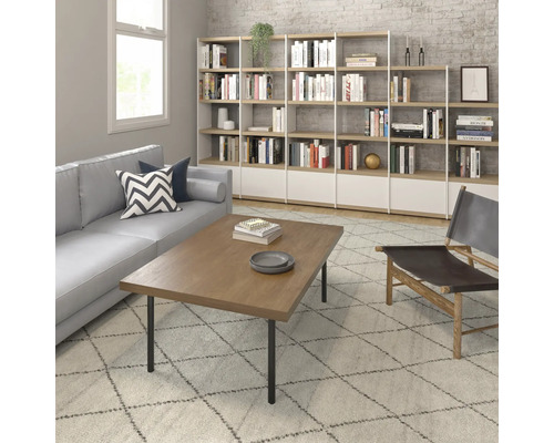 Woonkamer met bank, salontafel en boekenkast