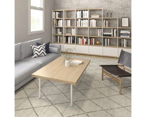 Woonkamer met bank, salontafel, boekenplank en fauteuil op een vloerkleed met motief