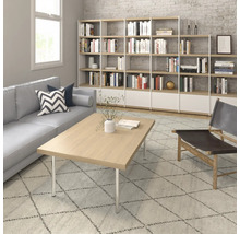 Woonkamer met bank, salontafel, fauteuil en boekenkast