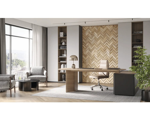 Kantoor met bureau, stoel, fauteuils, planken en decoratie