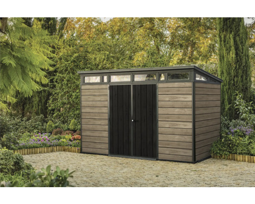 KETER Tuinhuis Signature Ashwood Pent 11x7 kunststof houtlook 342 x 218 x 226 cm Tuinhuis met dubbele deur en bovenlichten