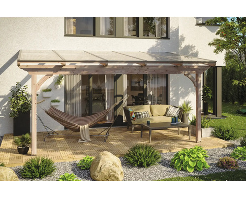 SKAN HOLZ Douglas Terrasoverkapping Ravenna onbehandeld, 541x350x284 cm Houten pergola met transparant dak, hangmat en zitgroep in de tuin