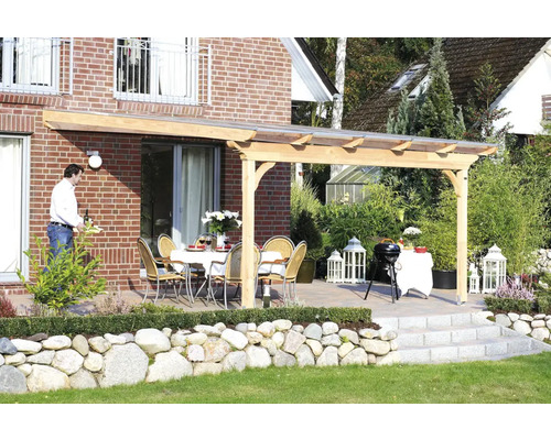 SKAN HOLZ Douglas Terrasoverkapping Ravenna onbehandeld, 648x250x272 cm Terras met houten pergola, tafel en stoelen in de tuin