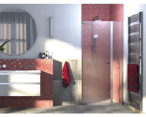 Badkamer met douche, wastafel en radiator