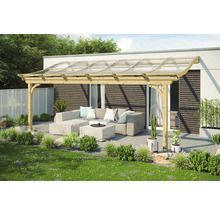 Houten terrasoverkapping met loungemeubels en een transparant dak voor buiten