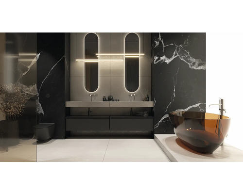 Moderne badkamer met vrijstaand bad, wastafelmeubel met twee wastafels en grootformaat tegels