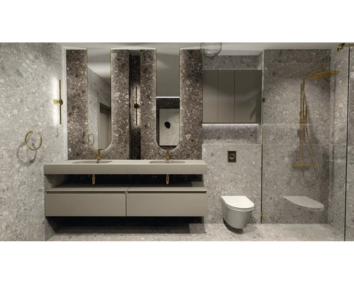 Moderne badkamer met wastafel, spiegels, douche en toilet op een grijze achtergrond