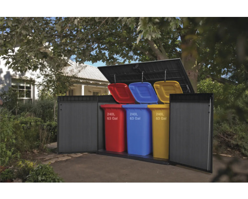 Afvalcontainerbox met drie afvalcontainers van elk 240 liter in de tuin