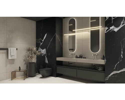 Moderne badkamer met wastafel, spiegels, toilet en decoratie