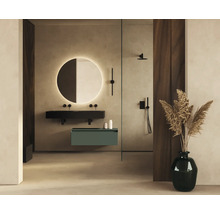 Moderne badkamer met ronde spiegel, wastafel en douche