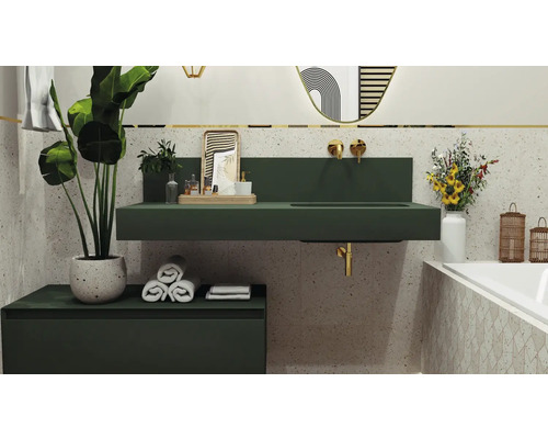 Badkamer met wastafel, onderkast, spiegel en planten