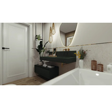 Moderne badkamer met groene wastafel, spiegel en planten