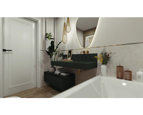 Moderne badkamer met groene wastafel, spiegel en planten