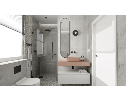 Badkamer met douche, wastafel, spiegel en toilet