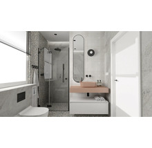 Badkamer met douche, wastafel, spiegel en toilet in een helder design.